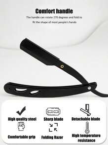 Navaja de afeitar de filo recto profesional con 10 cuchillas, navaja de filo recto premium de hoja única, maquinilla de afeitar manual para hombres, perfilador de bigote y barba, incluye estuche - Negro - Ver 3