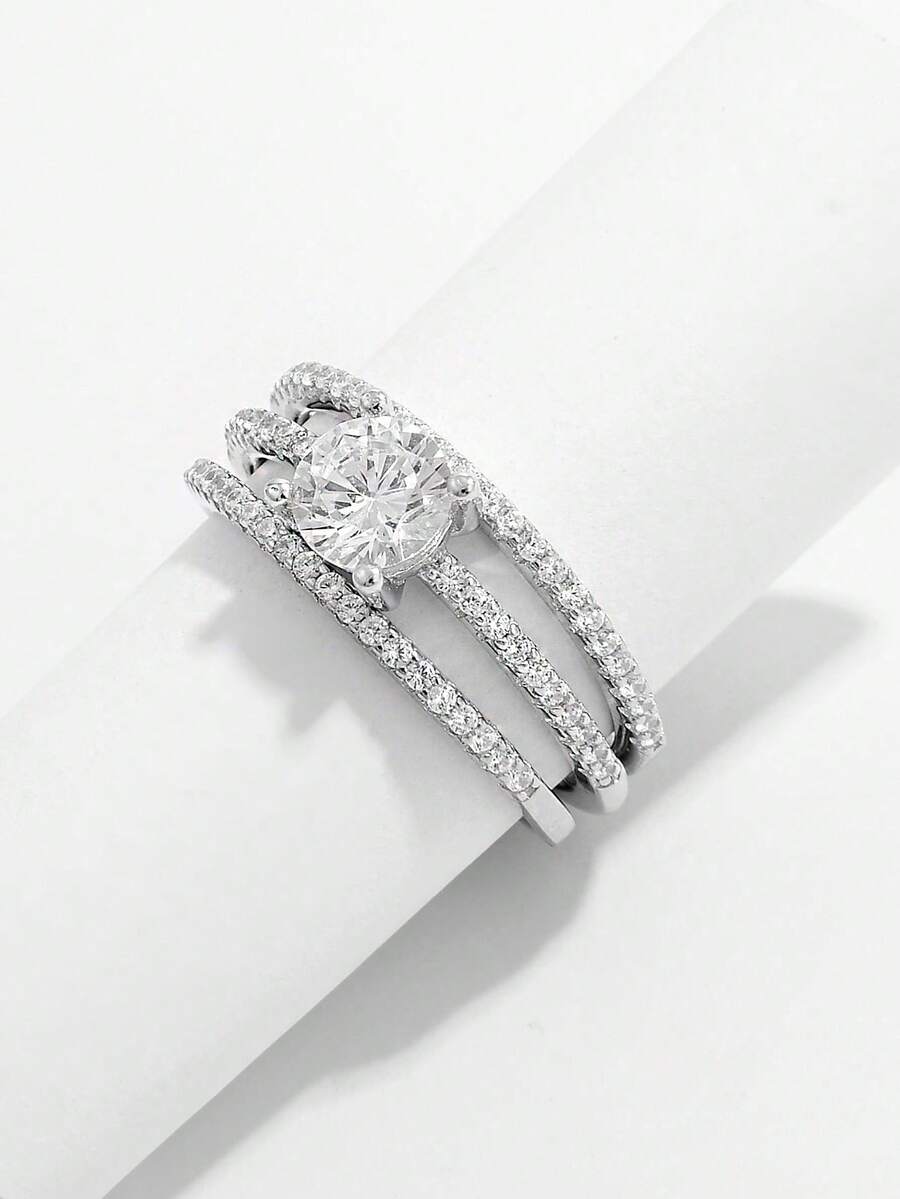 1 Bộ Nhẫn Đá Chính Tròn Zirconia Nhân Tạo Bằng Bạc 925 Cổ Điển, Tuyệt Đẹp, Thanh Lịch Và Phong Cách Với Đá Nửa Vòng Tròn Một Lớp Bộ Nhẫn Cho Nữ, Thích Hợp Để Hẹn Hò, Dự Tiệc Và Đeo Hàng Ngày, Thể Hiện Sự Thanh Lịch Tốt Và Làm Một Món Quà Lý Tưởng Trang Sức Cô Dâu Cưới Đính Hôn - Bạc - Xem 1