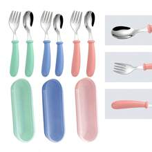 2 Piezas De Cuchara Y Tenedor De Acero Inoxidable Para Bebé Con Caja De Almacenamiento, Kit De Cubiertos Para Niños Portátil Y Para Uso Al Aire Libre - Verde - Ver 1