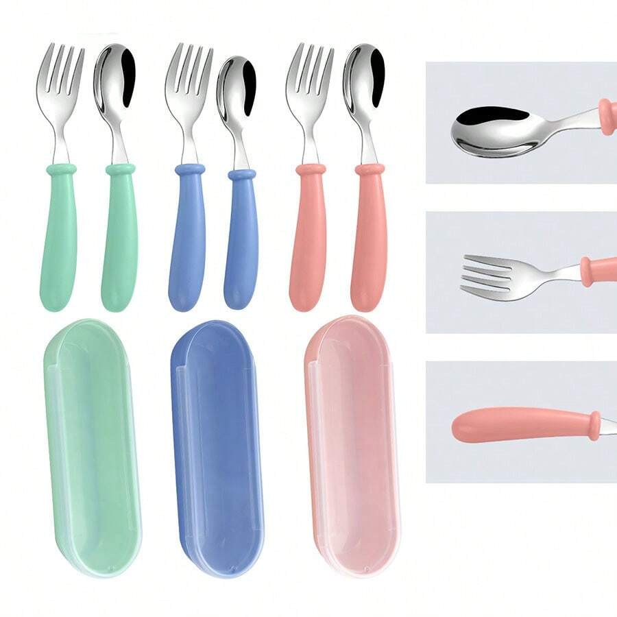 2 Piezas De Cuchara Y Tenedor De Acero Inoxidable Para Bebé Con Caja De Almacenamiento, Kit De Cubiertos Para Niños Portátil Y Para Uso Al Aire Libre - Verde - Ver 1