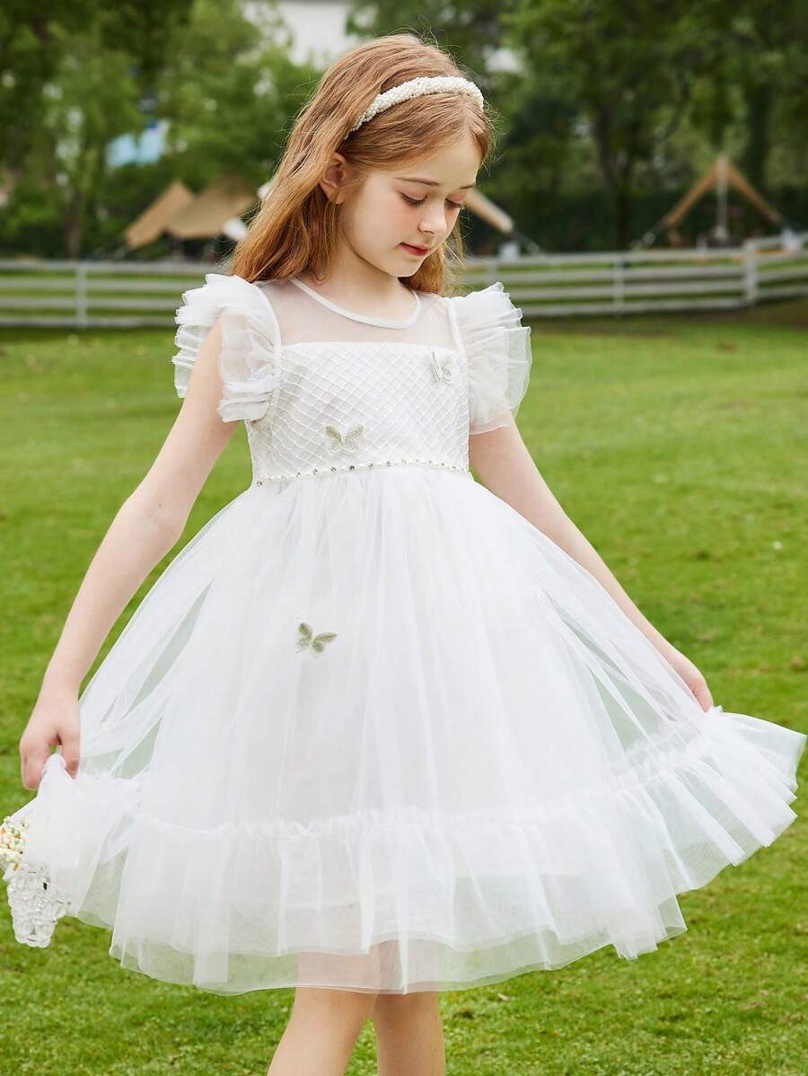 Tween Girl Summer Mesh Fairy Princess Puffy Dress - White - View 1
