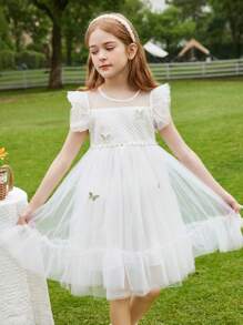 Tween Girl Summer Mesh Fairy Princess Puffy Dress - White - View 2