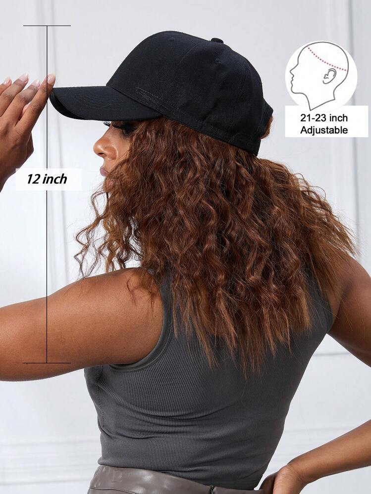 de Juillet Casquette de baseball blanche à la mode perruque d'extension de cheveux perruque longue pièce de cheveux bouclés pièce d'extension de cheveux(White hat light brown