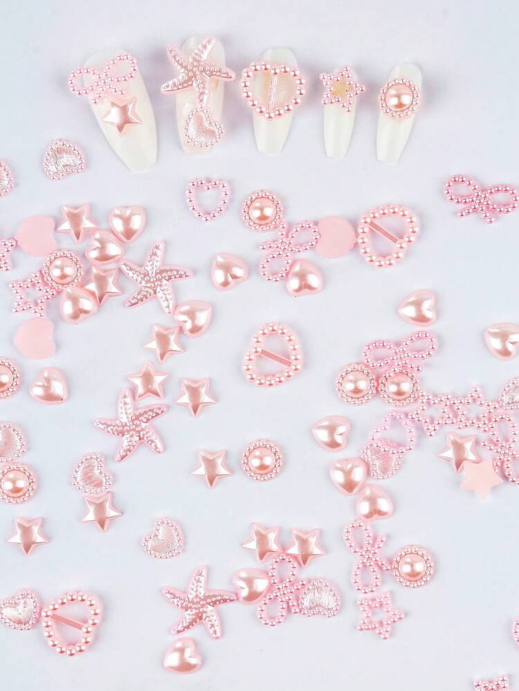 Decoraciones de arte de uñas 3D de perlas ABS de formas múltiples y perlas planas, estilos mixtos de perlas planas en forma de corazón y estrella, adecuadas para el arte de uñas, manualidades y decoración DIY - Rosa - Añade 3