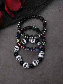 3pcs/Set Horror Cool Colorful Skull Head Elastic Beaded Bracelets For Women, Men, Party