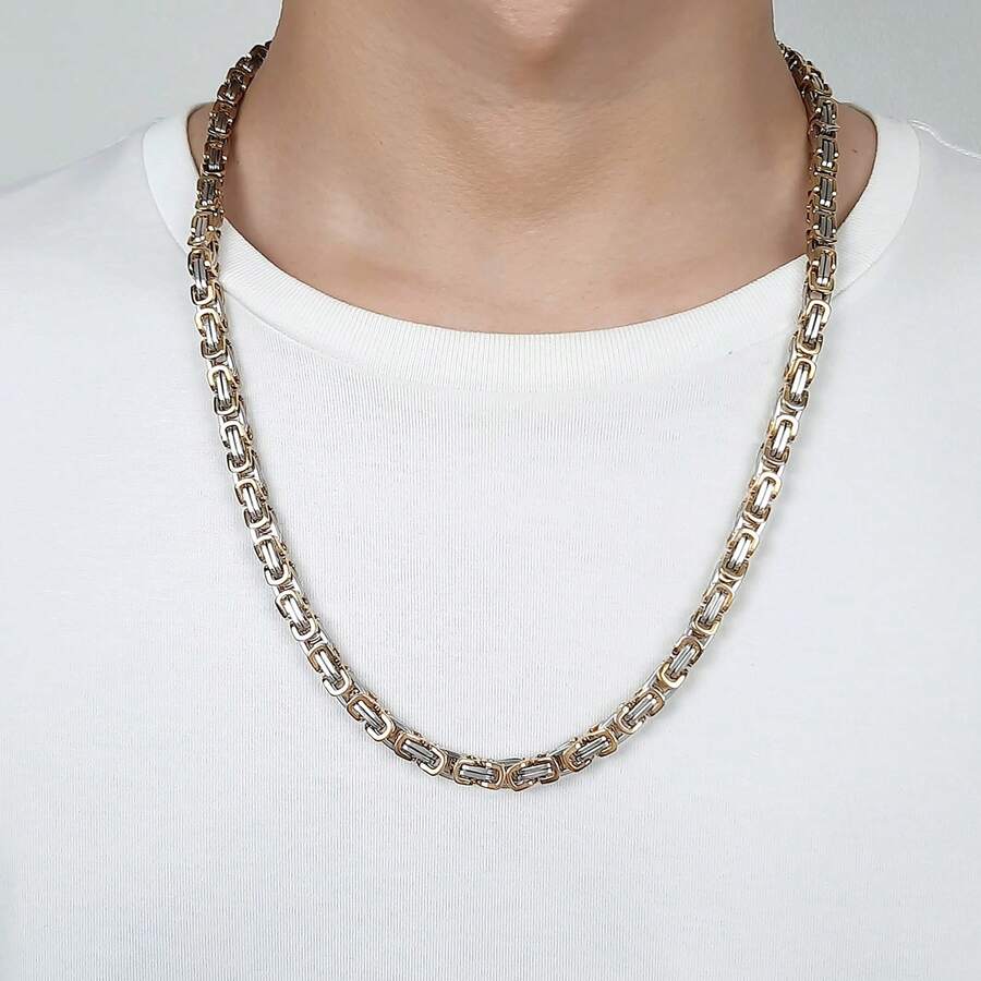 1pc 6mm Wide Men's Stainless Steel Byzantine Chain Necklace - Multicolor - View 1