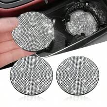 2pcs Cute Bling Car Cup Holder Coaster Mat With Rhinestone For Women Girl Universal Anti Slip Automotive Interior Accessories - Silver - View 1