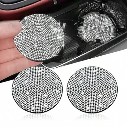 2pcs Cute Bling Car Cup Holder Coaster Mat With Rhinestone For Women Girl Universal Anti Slip Automotive Interior Accessories