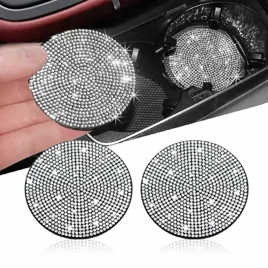 2pcs Cute Bling Car Cup Holder Coaster Mat With Rhinestone For Women Girl Universal Anti Slip Automotive Interior Accessories - Silver - View 1