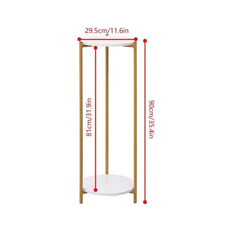 Tall Table With 2 Tiers, Round End Table Sofa Side Table, 90cm Plant Stand Indoor Plant Holder, With Marble Texture - White - View 2
