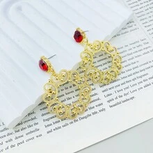 1對新宮廷風格空心圓形鑽石裝飾耳環（女性專用） - 金色 - 查看 3