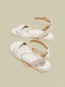 Dép hở mũi đế phẳng màu trắng dành cho nữ, Dép đi biển đế mềm mùa hè có dây đeo mắt cá chân - trắng - Xem 1