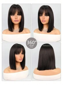 Halloween Costume Wig Bob Wigs Synthetic Heat Resistant Wigs With Bangs Natural Midlle Part Hairline 12inch Natural Black Dark Brown Color Straight Hair Full Machine Made Daily Used For Girl Women Natural Looking Good Quality Synthetic Soft Wigs