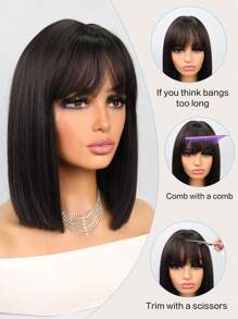 Halloween Costume Wig Bob Wigs Synthetic Heat Resistant Wigs With Bangs Natural Midlle Part Hairline 12inch Natural Black Dark Brown Color Straight Hair Full Machine Made Daily Used For Girl Women Natural Looking Good Quality Synthetic Soft Wigs