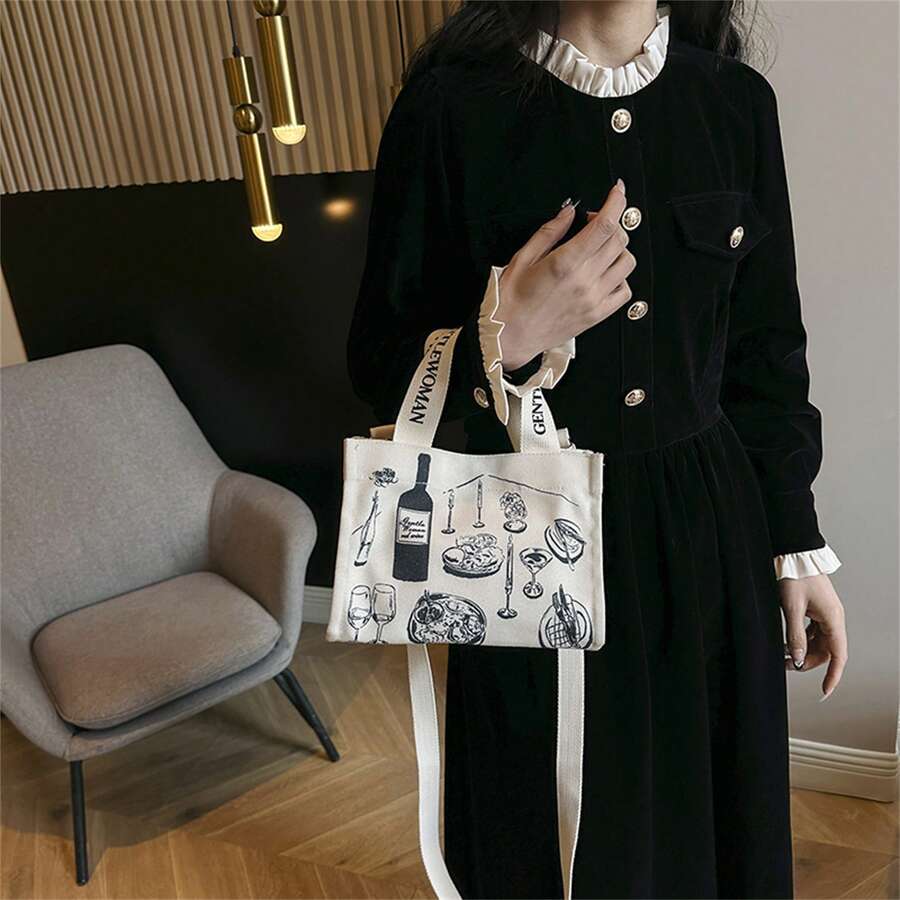 1個塗鴉藝術帆布袋,2024四季簡約休閑斜挎手提袋,百搭時尚日常通勤手提包,富有藝術感的學校用品,適合女性日常外出、通勤和上學使用。 - 白色 - 查看 1