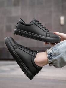 (Size Runs Small) Men's Minimalist Front Lace-Up Sports Skateboard Shoes, Fashionable Solid White Sneakers, Casual Outdoor Shoes For Students