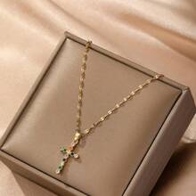 1入男士不鏽鋼長款項鍊,鍍金立體立方氧化鋯瑪利亞形吊墜,個性時尚復古潮流萬能配件,適用於休閒、街頭和音樂節 - 金黃色 - 查看 8