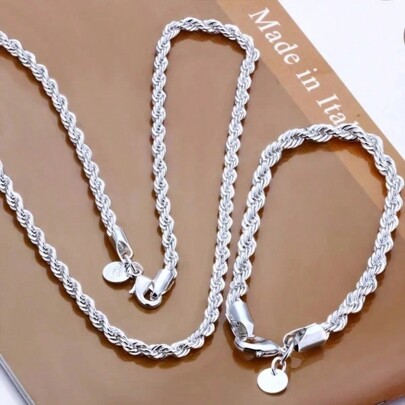 Charm Silver Color 4mm Chain Male Twisted Rope Necklace Bracelets Fashion Women Men Silver High Quality Jewelry Set