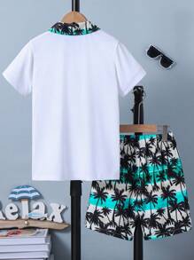 1 套青少年男孩休闲 Polo 领棕榈树印花 T 恤和全幅海滩日落棕榈树印花短裤，春夏 - 彩色 - 查看 2
