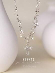 Diamond Inlaid Star Shaped Personalized Cross Tassel Pendant Necklace For Women, High-End Decor, Gothic Style, Suitable For Y2k Fashion, Making You Shiny And Unique - Silver - View 2