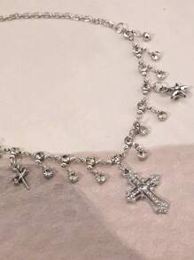 Diamond Inlaid Star Shaped Personalized Cross Tassel Pendant Necklace For Women, High-End Decor, Gothic Style, Suitable For Y2k Fashion, Making You Shiny And Unique - Silver - View 4