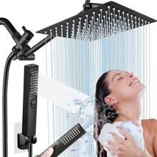 Stainless Steel Square Showerhead And Handheld Showerhead Combo Set With Shower Hose, High Pressure And Switchable Shower Modes - Black - View 1