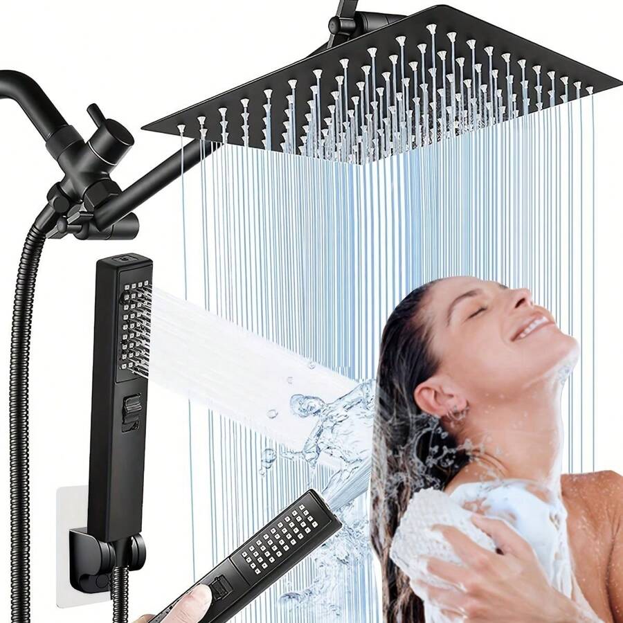 Stainless Steel Square Showerhead And Handheld Showerhead Combo Set With Shower Hose, High Pressure And Switchable Shower Modes - Black - View 1