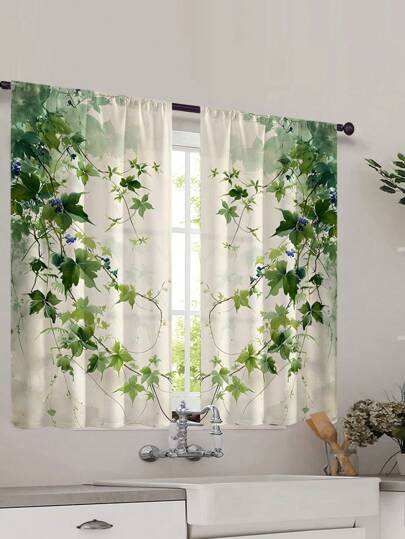 2pcs Green Plant Vine Pattern Digital Print Decorative Rod Pocket Curtain, Suitable For All Seasons, For Home, Kitchen