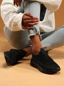 女鞋女士運動鞋輕便時尚運動網球運動健身黑色休閒鞋橡膠鞋底跑步鞋 - 黑色 - 查看 6