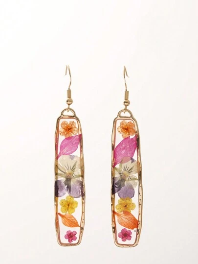 1pair Rectangle Dried Flower Resin Drop Earrings Suitable For Women's Daily Wear,Natural Dried Flowers, Random Shapes And Colors Valentines