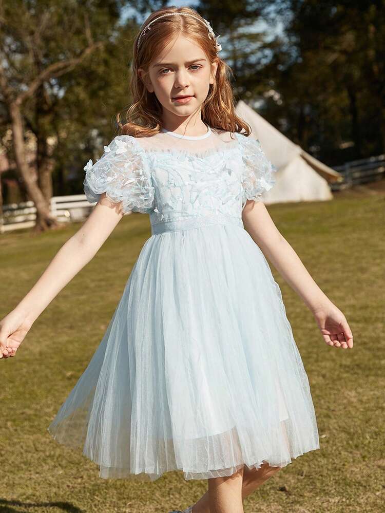 孩童女孩夏季短袖閃亮蝴蝶刺繡透明網紗公主裙 - 薄荷藍 - 查看 4