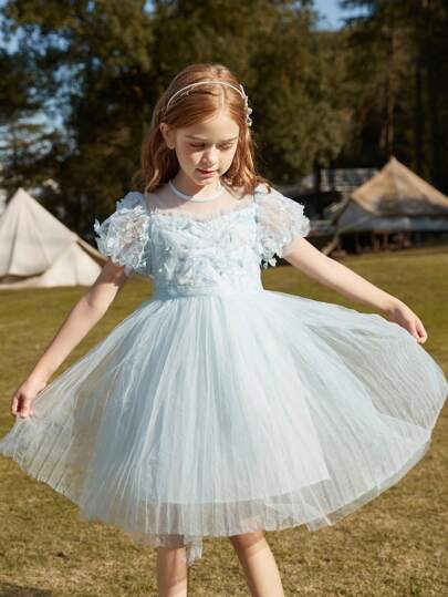 孩童女孩夏季短袖閃亮蝴蝶刺繡透明網紗公主裙