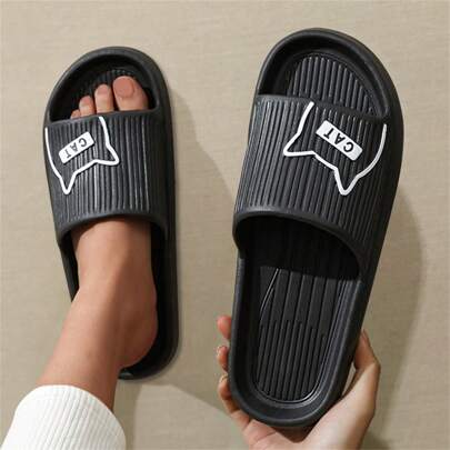 Bathroom Anti-Slip Eva Slippers, Cat Lover Couple Slippers, Soft & Comfortable Women's House Slippers, Unisex Indoor Slippers, Black 1 Pair