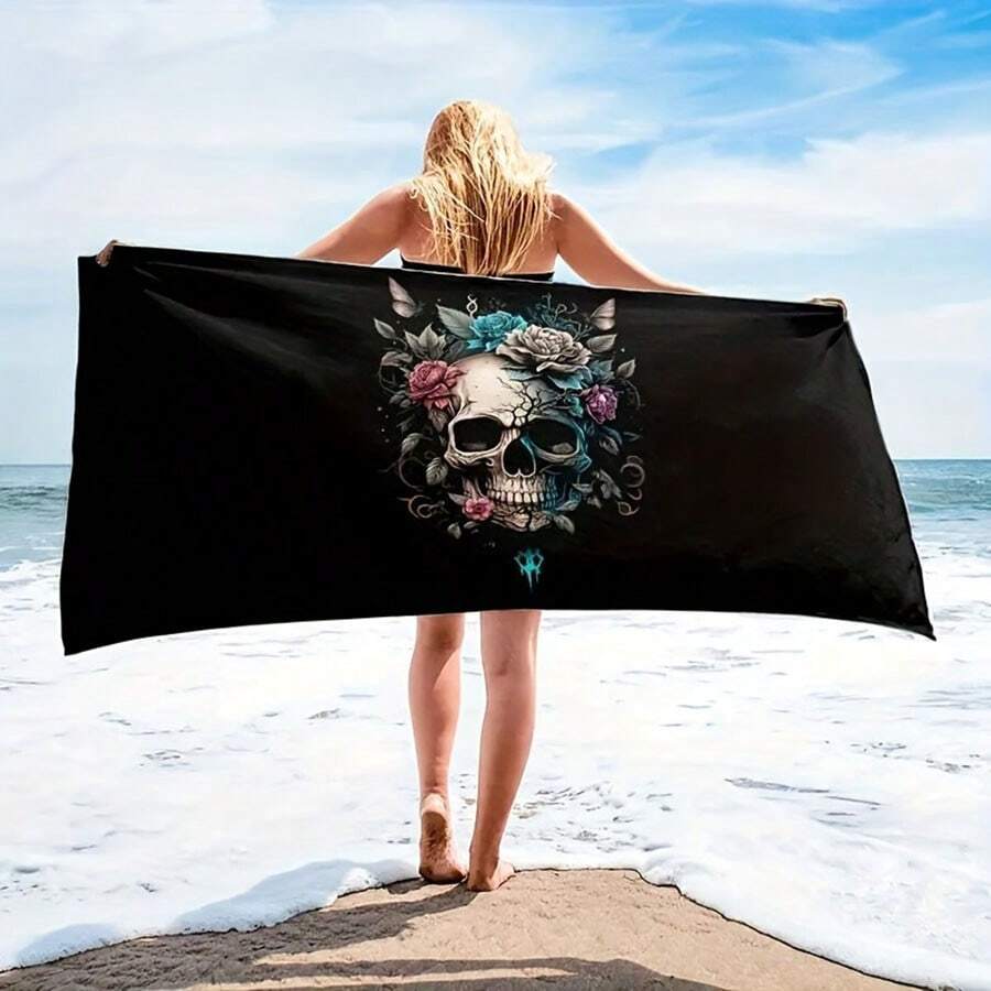1條骷髏圖案xl薄型超細纖維輕量海灘巾71 X 32英寸（約180.3 X 81.3厘米）,適用於旅行、游泳池、瑜伽、健身、露營、夏季、成人、男女適用,完美作為節日禮物 - 銅色 - 查看 1