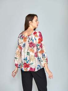 Blusa Campesina Floreada para Dama, Tallas M/L/XL, Manga Abullonada, Escote Ajustable, Tejido Ligero, Estilo Bohemio, Ideal Primavera-Verano, - Naranja - Ver 6