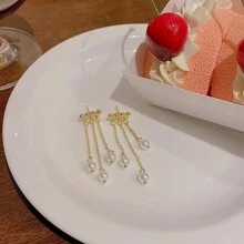 1對925銀針復古假珍珠流蘇耳環,配長鏈,適合女性,個性簡約的ins風格 - 金色 - 查看 3