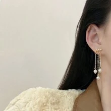 1對925銀針復古假珍珠流蘇耳環,配長鏈,適合女性,個性簡約的ins風格 - 金色 - 查看 2