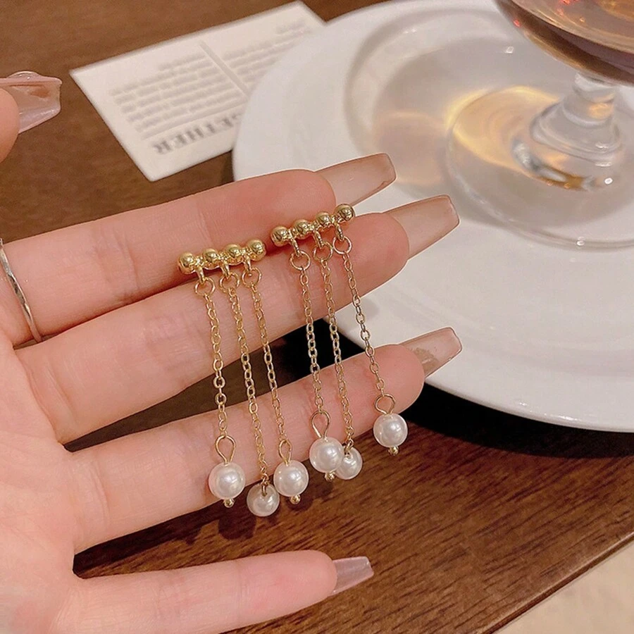 1對925銀針復古假珍珠流蘇耳環,配長鏈,適合女性,個性簡約的ins風格 - 金色 - 查看 1