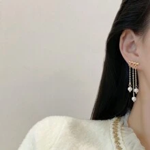 1對925銀針復古假珍珠流蘇耳環,配長鏈,適合女性,個性簡約的ins風格 - 金色 - 查看 4