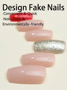 24 Piezas De Uñas Rojas Cuadradas Cortas Con Decoración De Diamantes De Imitación, Polvo De Diamantes Brillante. Uñas Portátiles Para El Estilo Universitario Y Dulce. Incluye 1 Lima De Uñas Y 1 Pieza De Gel - Multicolor - Ver 4