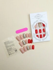 24 Piezas De Uñas Rojas Cuadradas Cortas Con Decoración De Diamantes De Imitación, Polvo De Diamantes Brillante. Uñas Portátiles Para El Estilo Universitario Y Dulce. Incluye 1 Lima De Uñas Y 1 Pieza De Gel - Multicolor - Ver 2