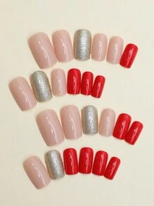 24 Piezas De Uñas Rojas Cuadradas Cortas Con Decoración De Diamantes De Imitación, Polvo De Diamantes Brillante. Uñas Portátiles Para El Estilo Universitario Y Dulce. Incluye 1 Lima De Uñas Y 1 Pieza De Gel - Multicolor - Ver 3