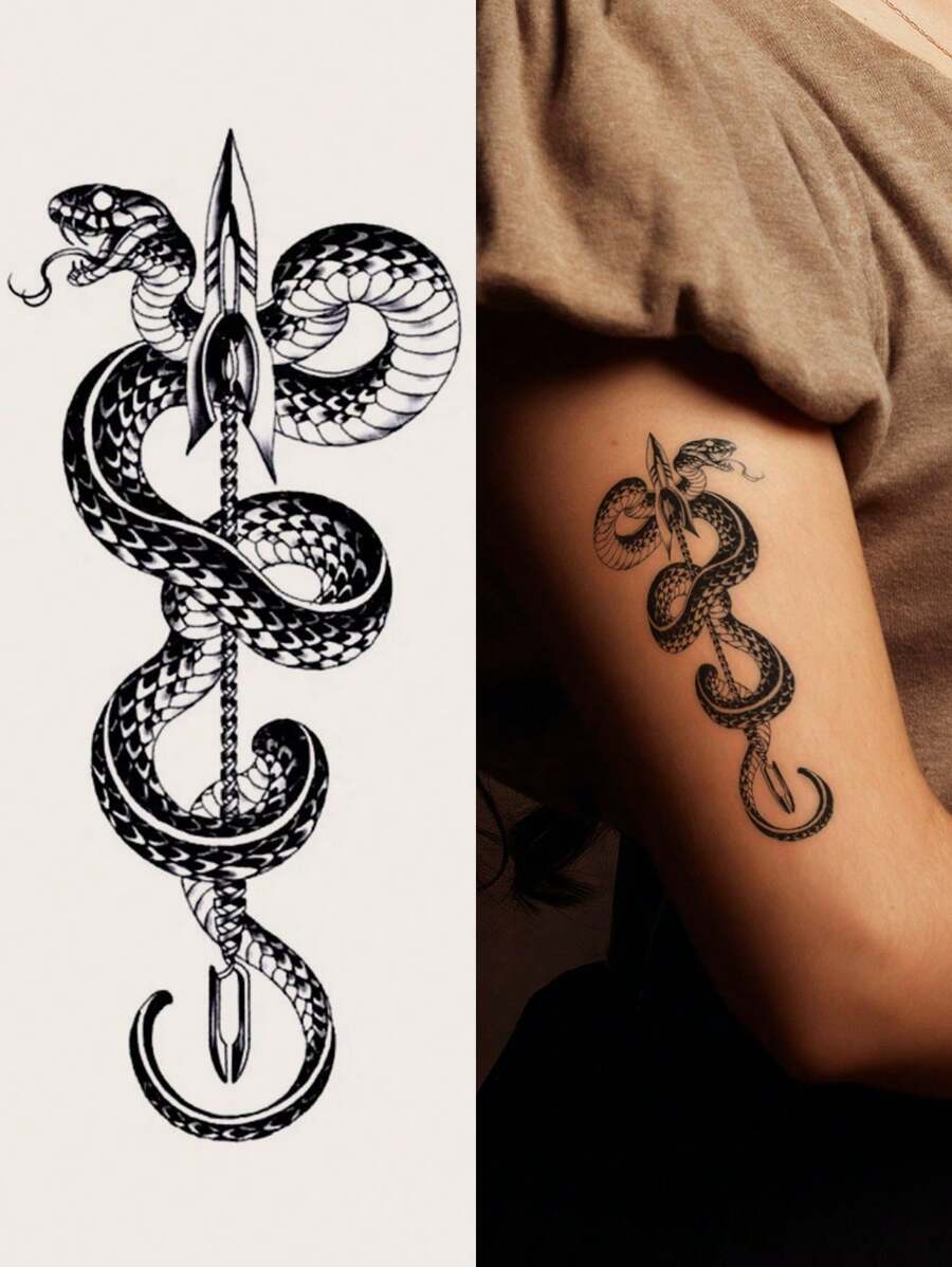 1 Unidad De Tatuaje Temporal De Flor Pequeña Con Diseño De Flechas De Serpiente Larga Negra Para Brazo, Pecho, Abdomen, Espalda, Etc. - Negro - Ver 1