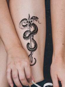 1 Unidad De Tatuaje Temporal De Flor Pequeña Con Diseño De Flechas De Serpiente Larga Negra Para Brazo, Pecho, Abdomen, Espalda, Etc. - Negro - Ver 3