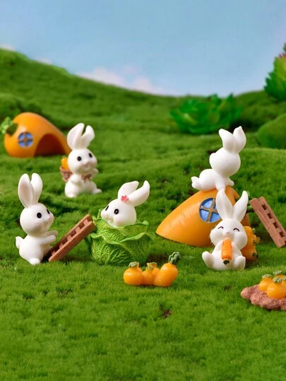 10pcs-Mini Rabbit And Carrot Figurines, Easter Bunny Mini Resin Animal Garden Micro Decorations, Easter Egg DIY Cake Home Decor Crafts