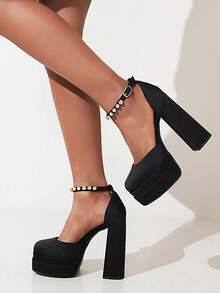 Women's Rhinestones Pumps Fashion Platform Black Chunky Heels Ankle Strap Square Toe Shoes - Black - View 6