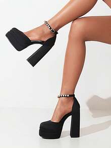 Women's Rhinestones Pumps Fashion Platform Black Chunky Heels Ankle Strap Square Toe Shoes - Black - View 5