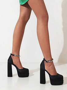 Women's Rhinestones Pumps Fashion Platform Black Chunky Heels Ankle Strap Square Toe Shoes - Black - View 1