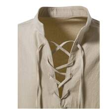 Camisa Cuello Mao Hombre Casual Manga Larga Estilo Escocesas - Caqui - Ver 8