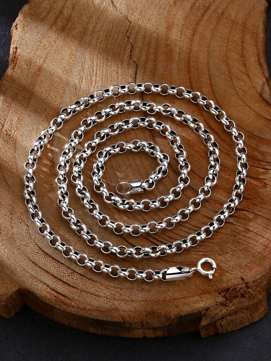 1pc 925 Sterling Silver Retro Classic Round O-Shaped Necklace Extended Sweater Chain, Suitable For Men's Daily Wear Father - Antique Silver - View 1